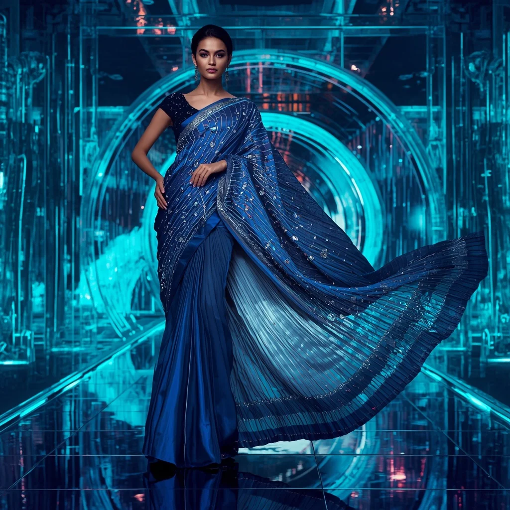 Sapphire Aurora Infinity Saree with Crystal Water Galaxy Dome | Banana Prompts Girls