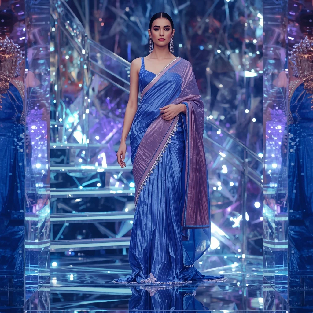 Sapphire Aurora Mirage Saree with Floating Prism Reflection Infinity Orbit Staircase | Cute Girl Ai Prompt