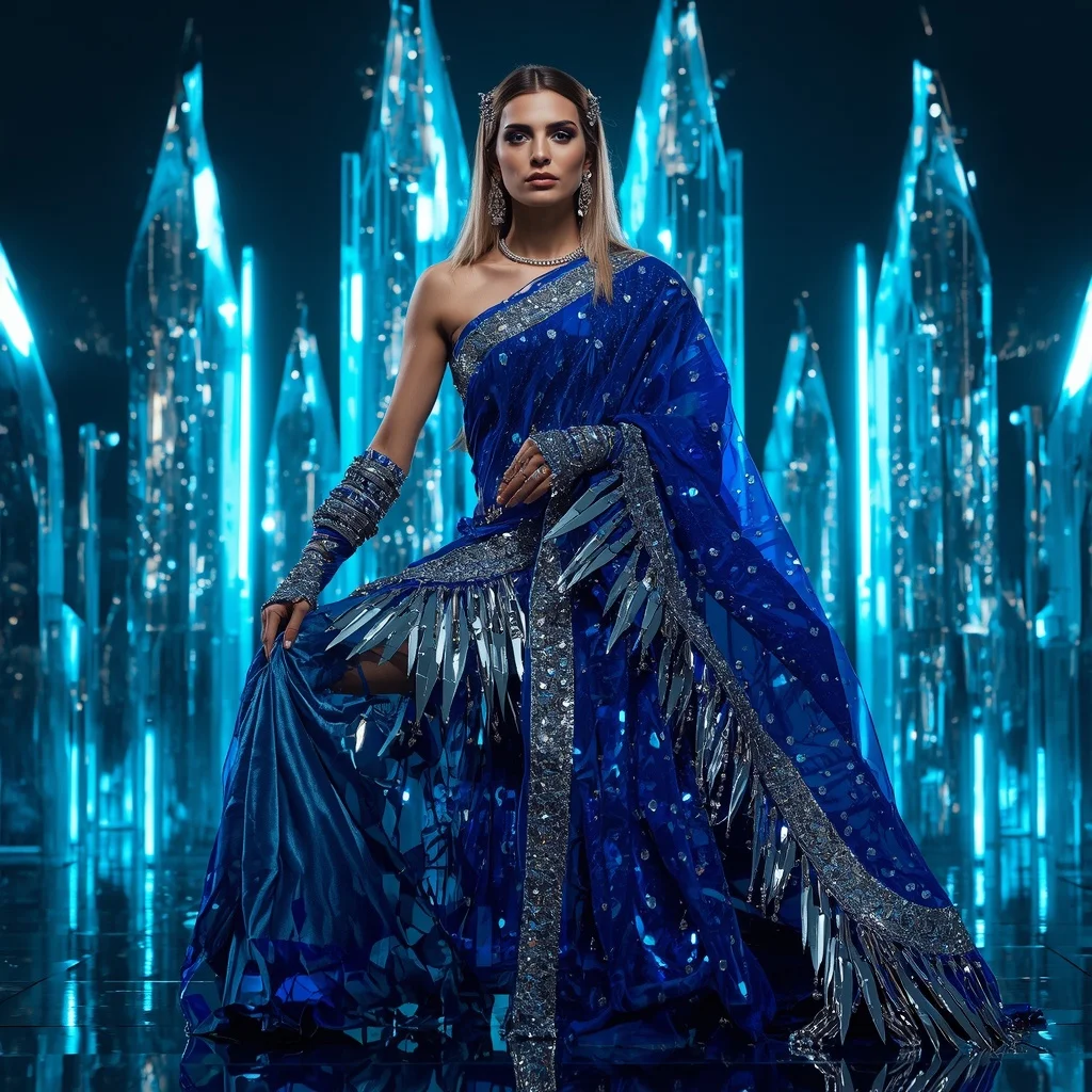 Sapphire Blade Royale Saree with Neon Crystal Fortress | Prompt For Gemini AI Girl Style Trending Instagram