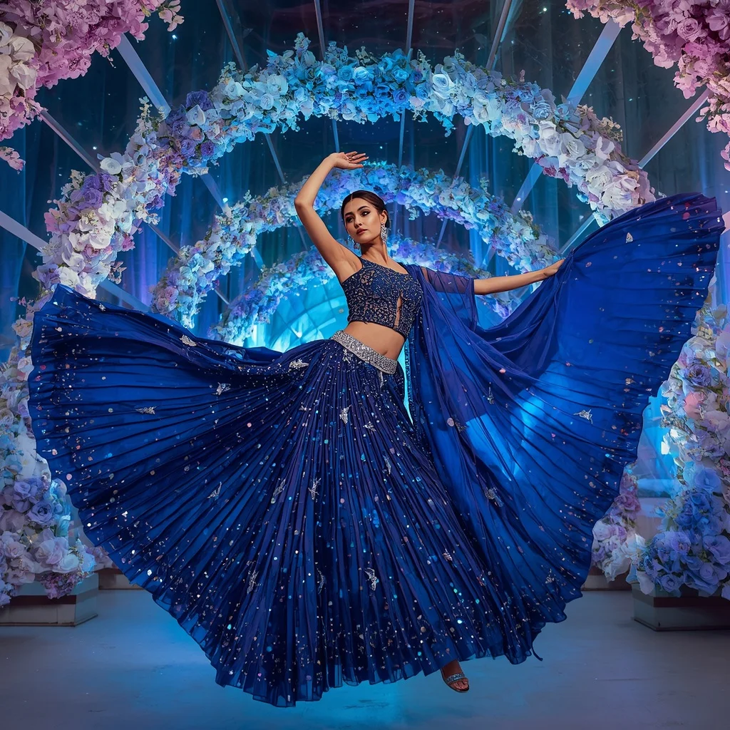 Sapphire Butterfly Aurora Saree with Celestial Crystal Garden Dome | Prompt For Gemini Ai Girl Model Instagram