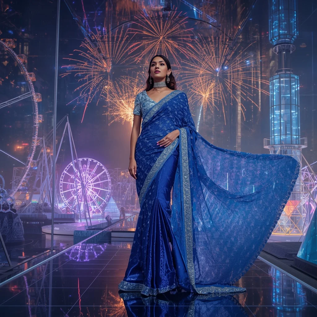 Sapphire Crystal Carnival Saree with Floating Celebration Empire | New Instagram Trend Prompt For Girl Aesthetic