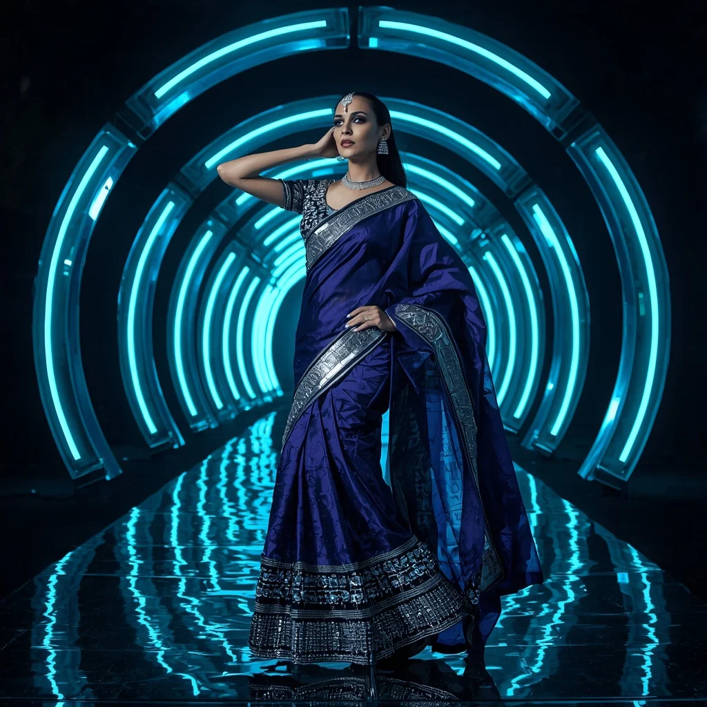 Sapphire Crystal Eclipse Saree with Floating Arc Reflection Orbit Infinity Pavilion | Prompt For Traditional Look For Couple