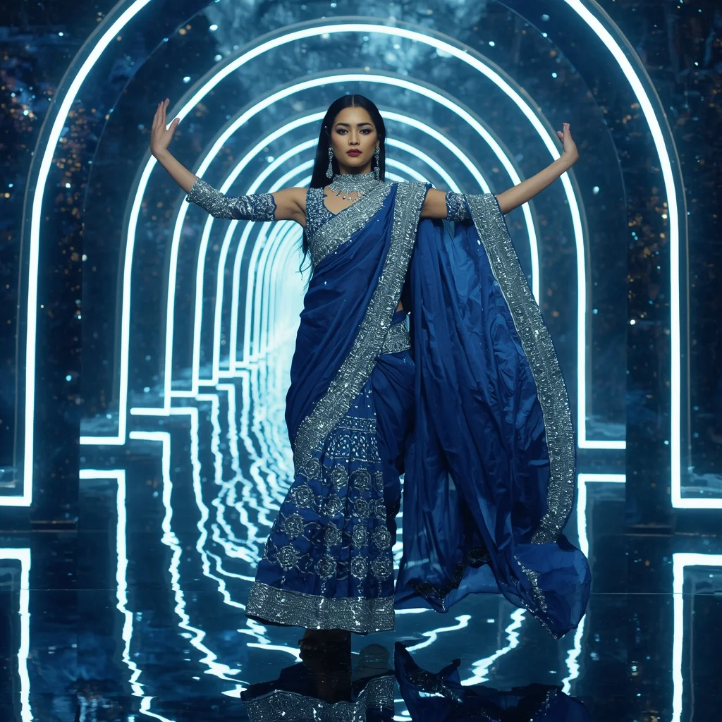 Sapphire Crystal Mirage Saree with Floating Arc Reflection Galaxy Infinity Atrium | Woman Pose Ai Prompt