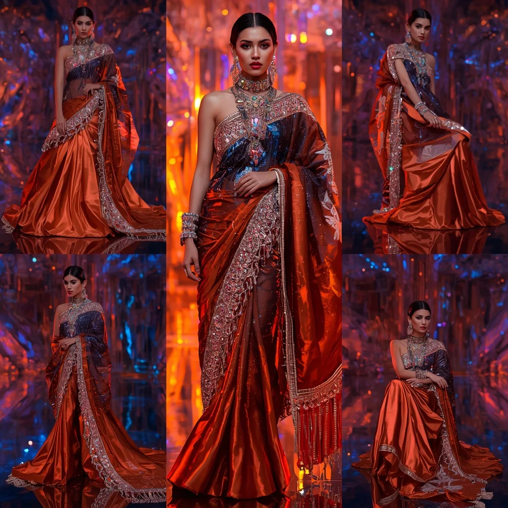 Sapphire Flame Queen Saree with Neon Lava Infinity Crystal Fortress | Prompt Seen Girls AI Photo Editing