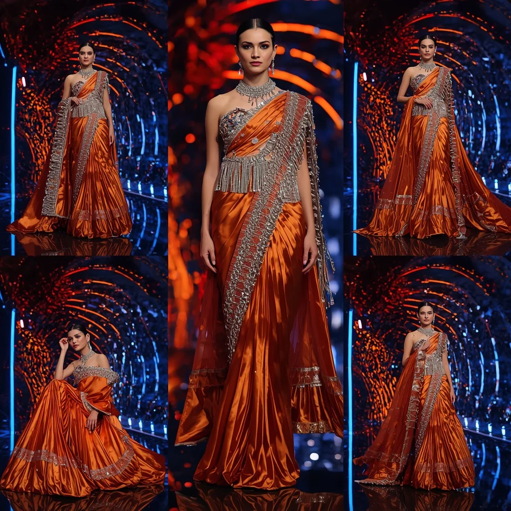 Sapphire Flame Queen Saree with Neon Lava Orbit Fortress | Chatgpt Prompt