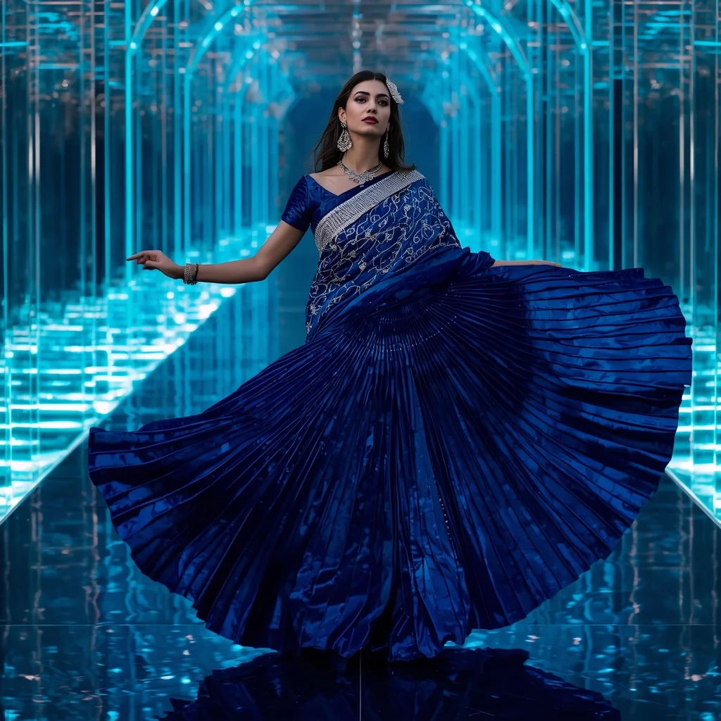 Sapphire Ice Aurora Saree with Crystal Water Infinity Hallways | Influencer Ai Prompt