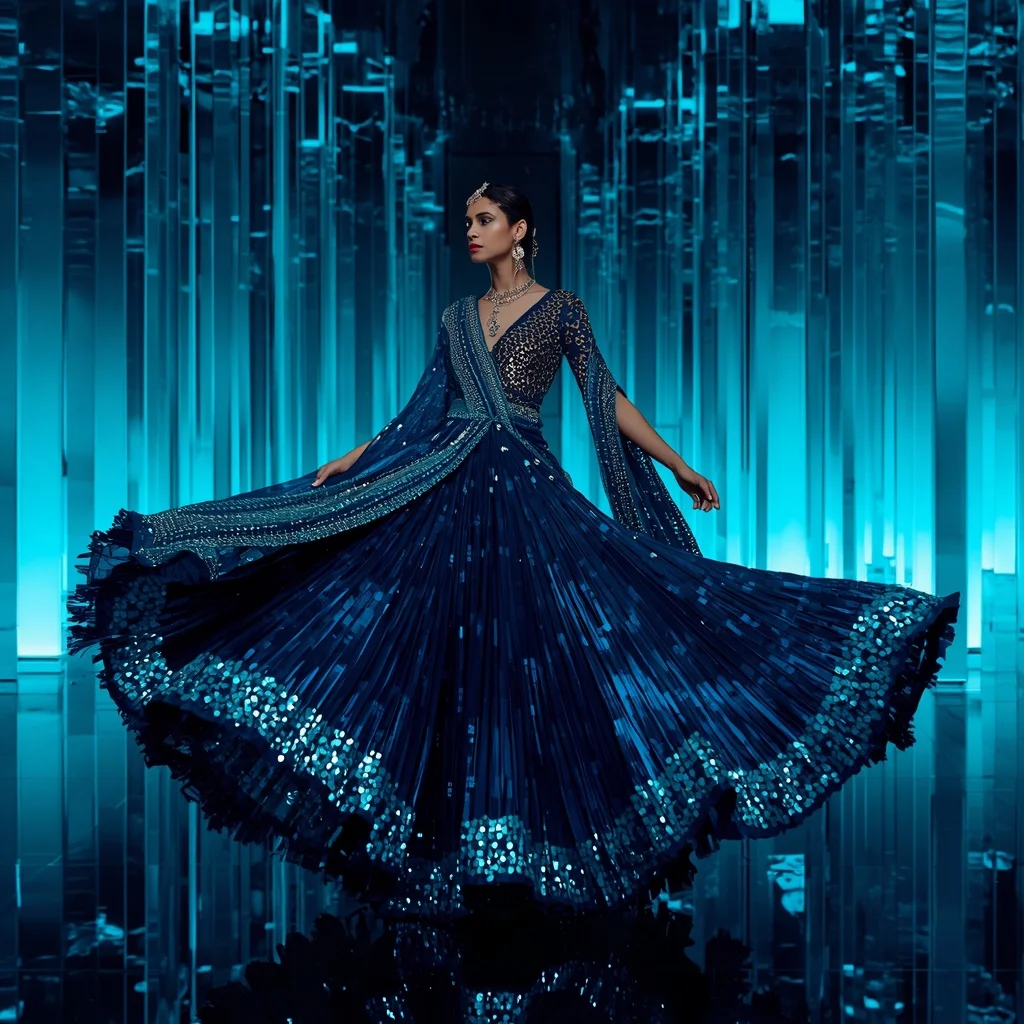 Sapphire Ice Eclipse Saree with Infinity Crystal Water Universes | Ai Art Prompt