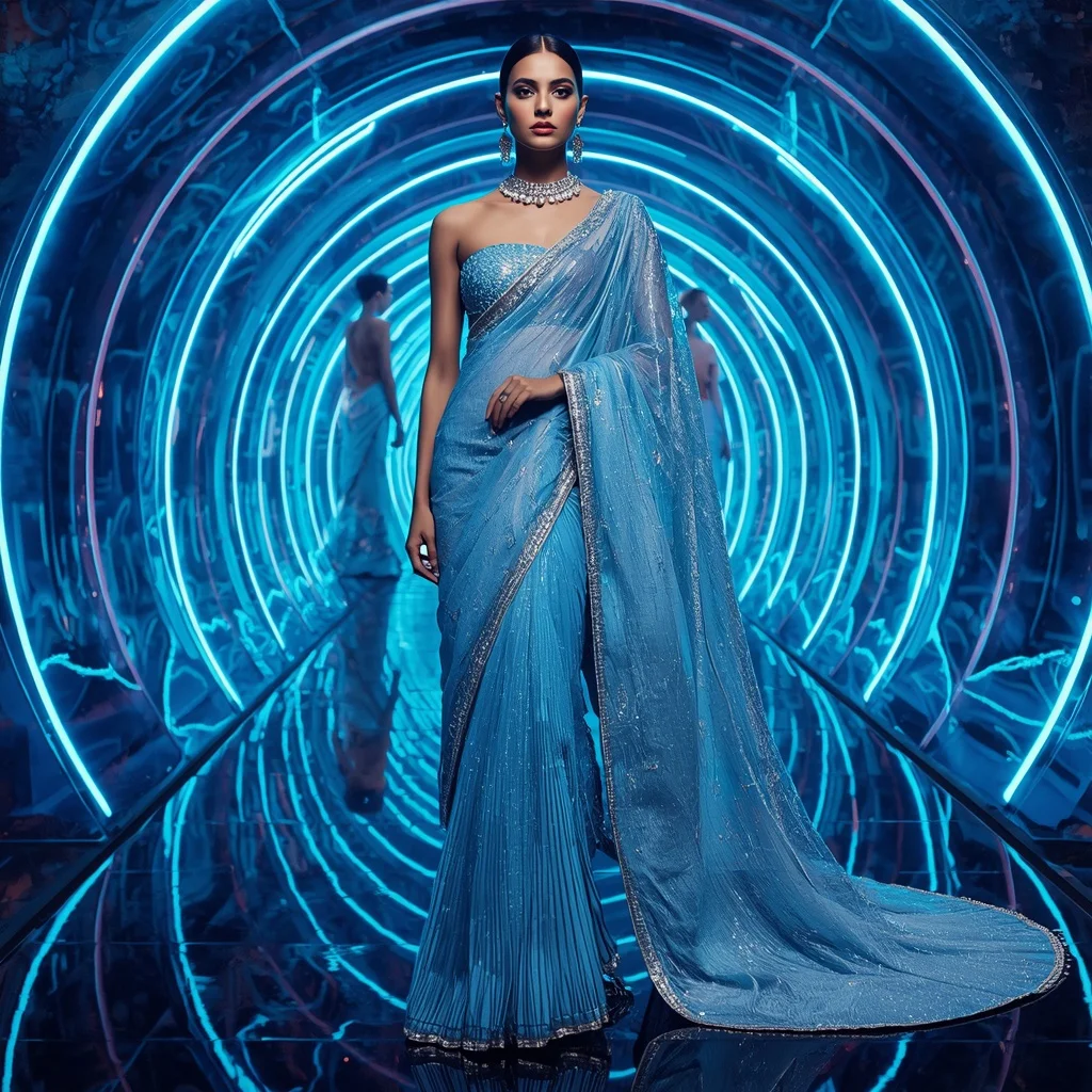 Sapphire Ice Mirage Saree with Neon Infinity Crystal Orbit Tunnel | Chat Gpt Prompt For Saree Look