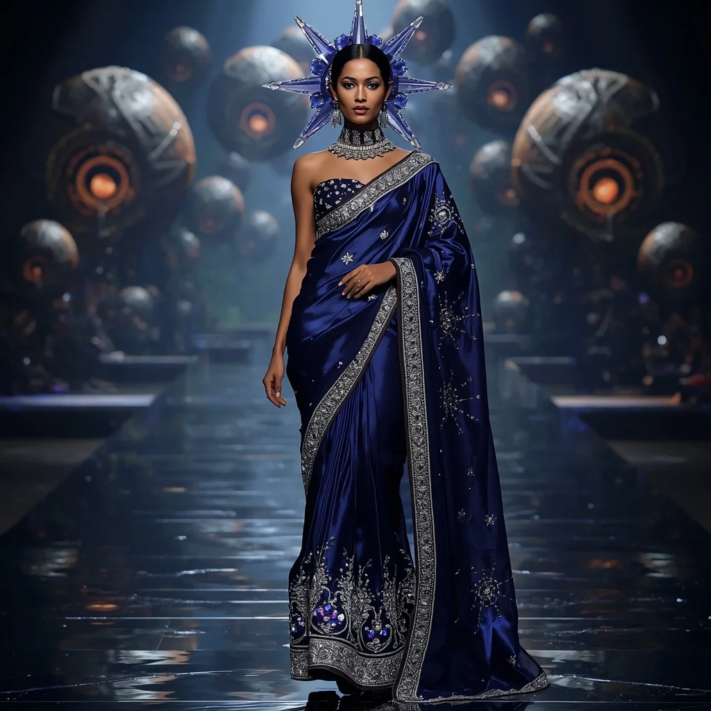 Sapphire Jewel Eclipse Saree with Floating Orbit Palace Domes | Free Prompt For Girls College