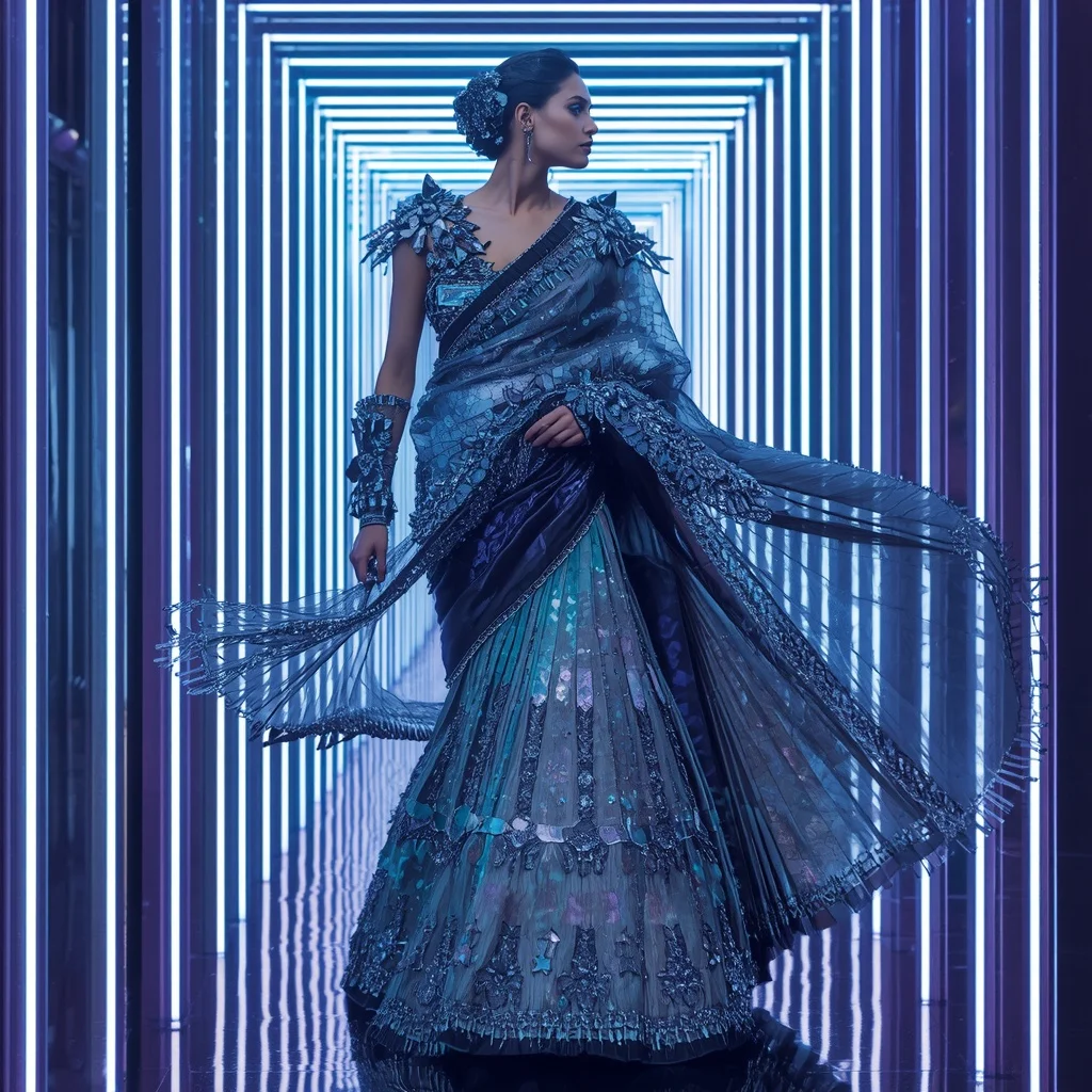 Sapphire Mirage Flame Saree with Infinity Prism Neon Sanctuary | Prompt Seen Girl Lehenga