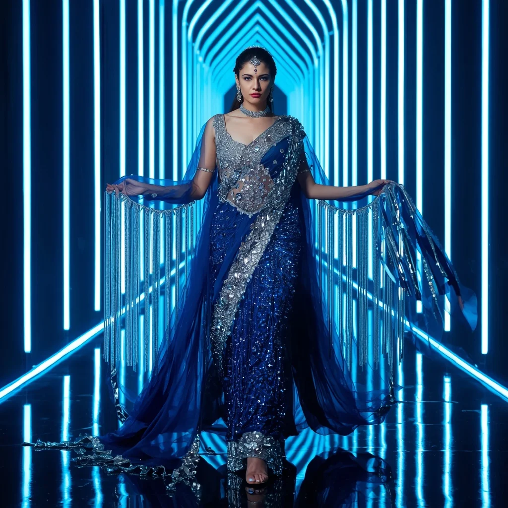 Sapphire Mirage Royale Saree with Neon Infinity Cathedral | Festival Prompt