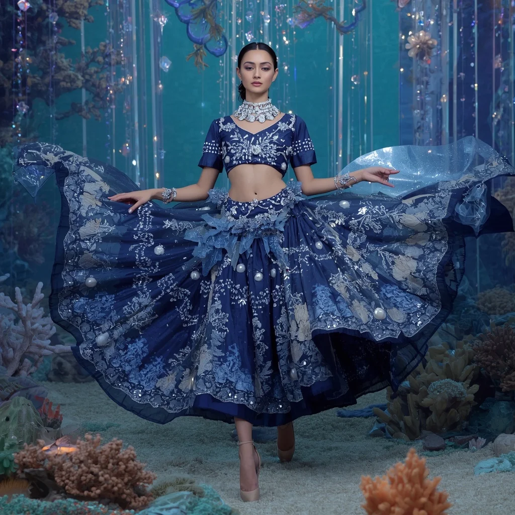 Sapphire Moon Coral Saree with Floating Crystal Reefs and Ocean Dream Kingdom | Ai Photo Editing Prompt