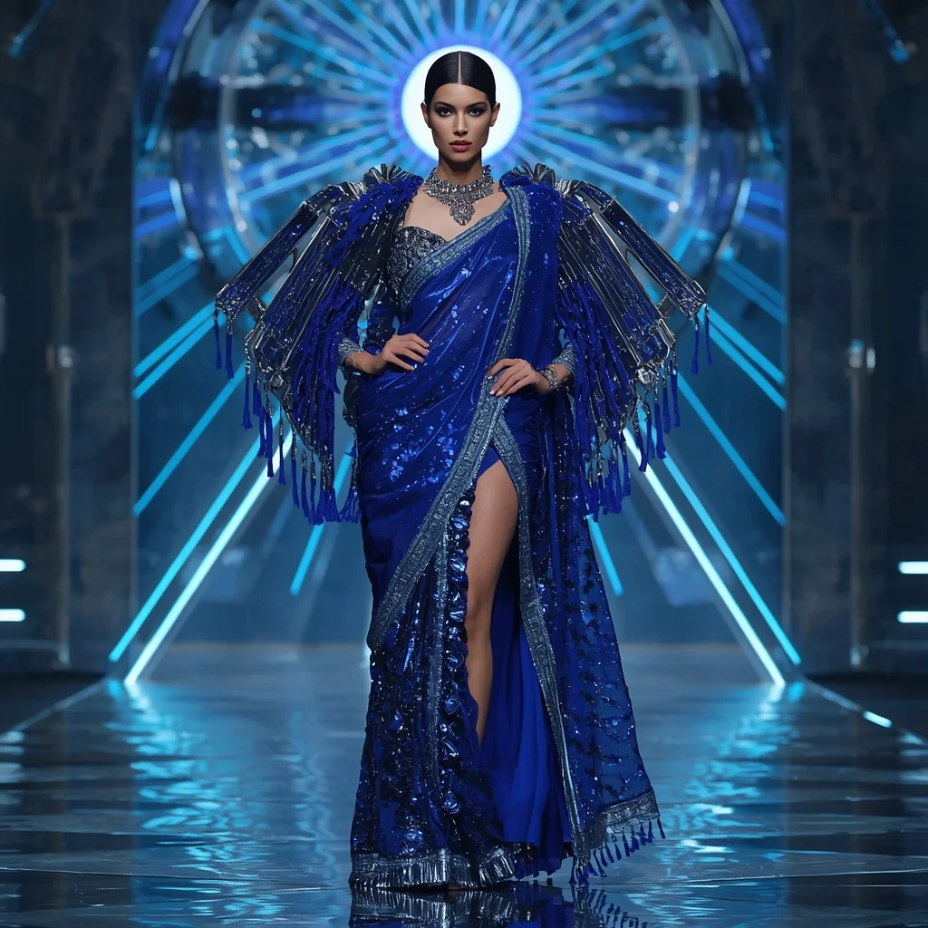 Sapphire Nebula Titan Apex Quantum Armor Saree with Floating Laser Hypergrid Cathedral Nexus Sphere Engine | Gemini Photo Prompt