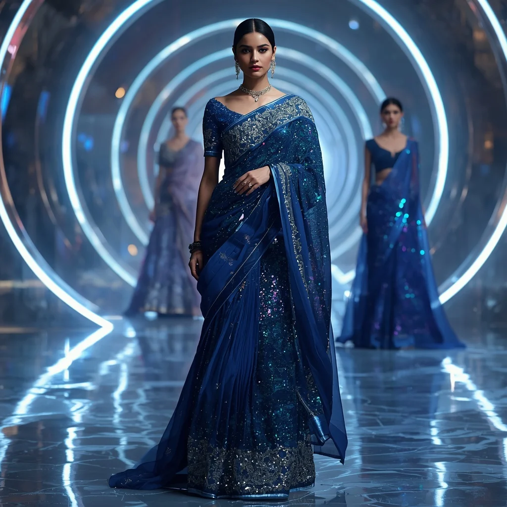 Sapphire Prism Queen Saree with Floating Galaxy Rings | Gemini Ai Photo Prompt Copy Paste