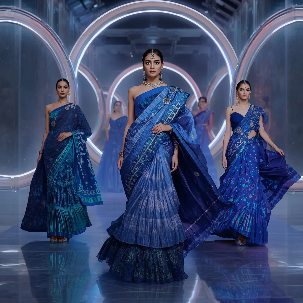 Sapphire Prism Royal Saree with Floating Galaxy Rings Pavilion | Modern Design Ai Prompt