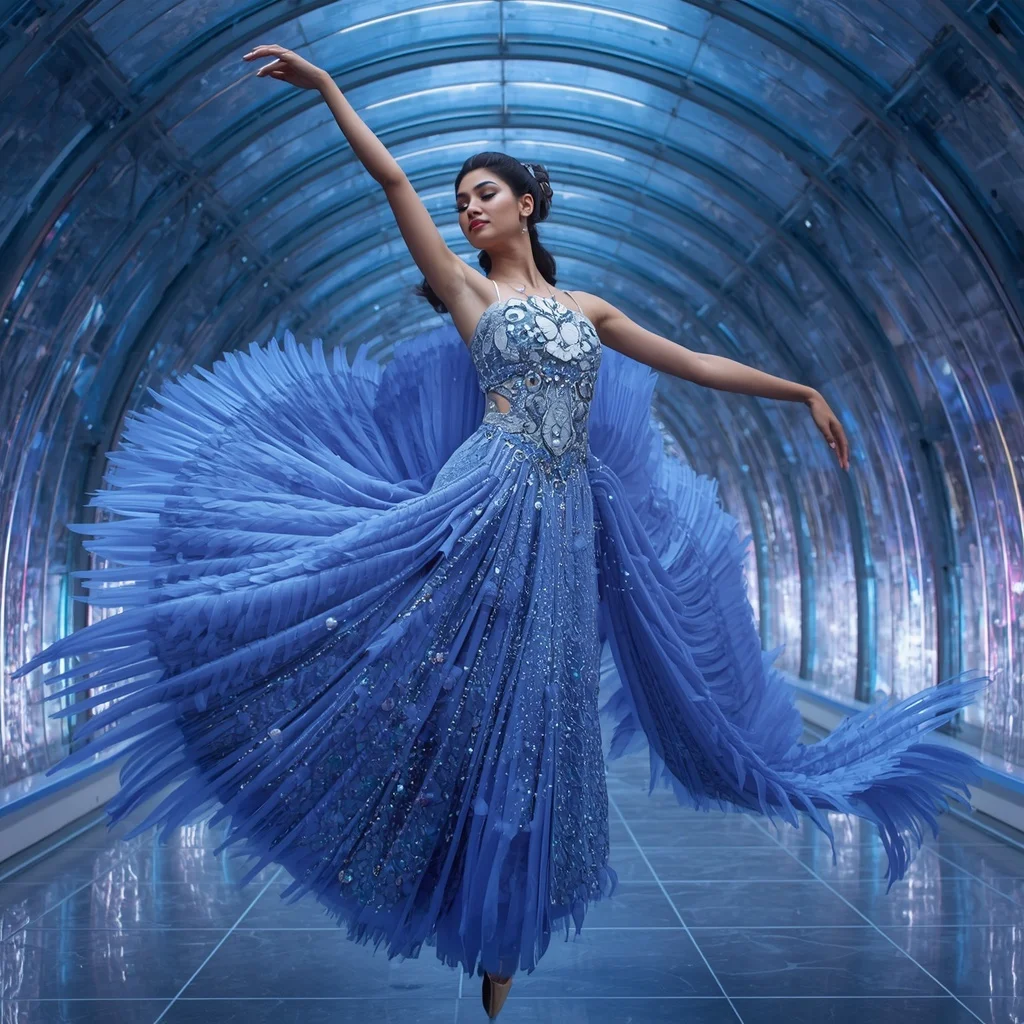Sapphire Swan Galaxy Saree with Celestial Feather Crystal Atrium | Prompt Seen Girl Kurti
