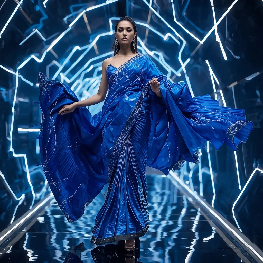 Sapphire Thunder Mirage Saree with Floating Laser Reflection Tunnel | Modern Design Ai Prompt