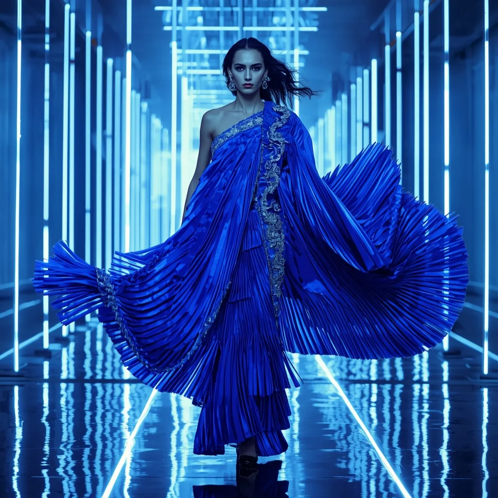 Sapphire Thunder Royale Saree with Floating Laser Reflection Chamber | Image Prompt