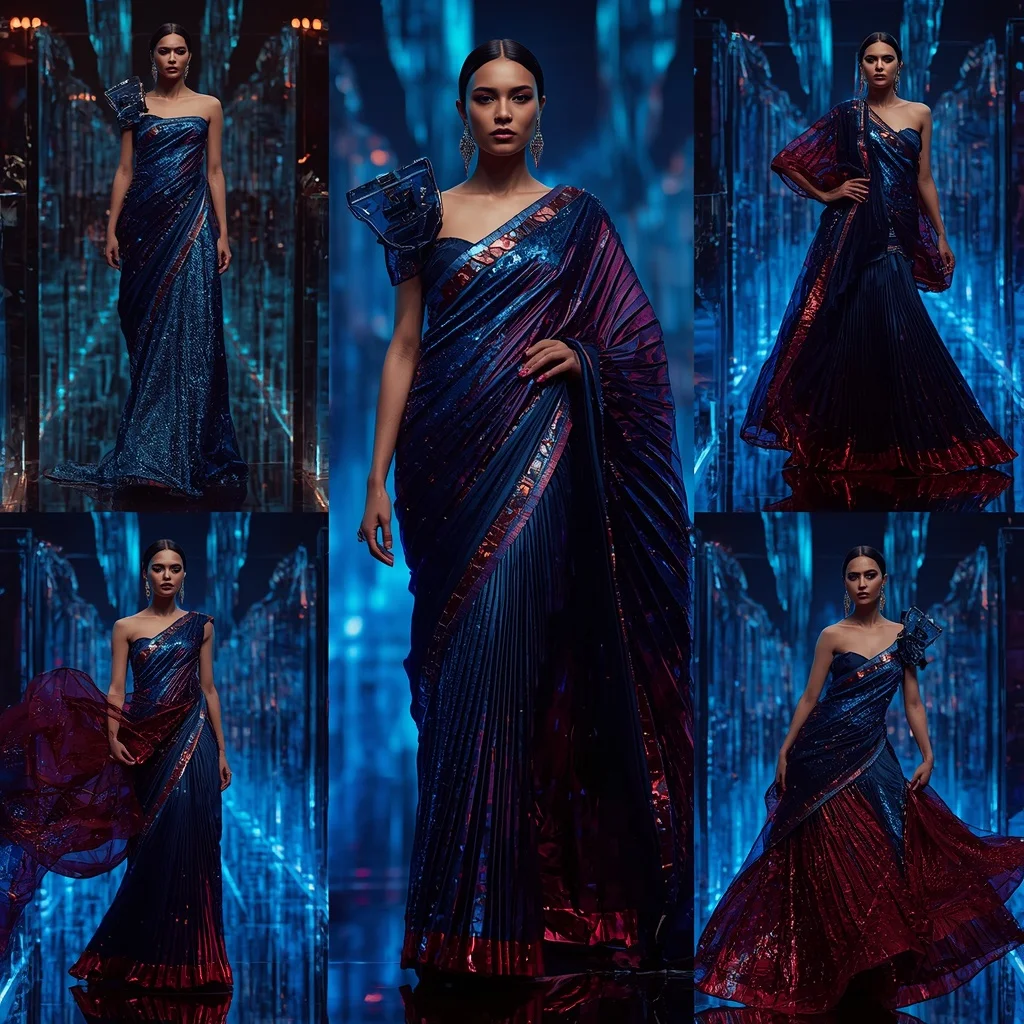 Sapphire Thunderwave Majesty Saree with Floating Crystal Corridors | Gemini Ai Prompt