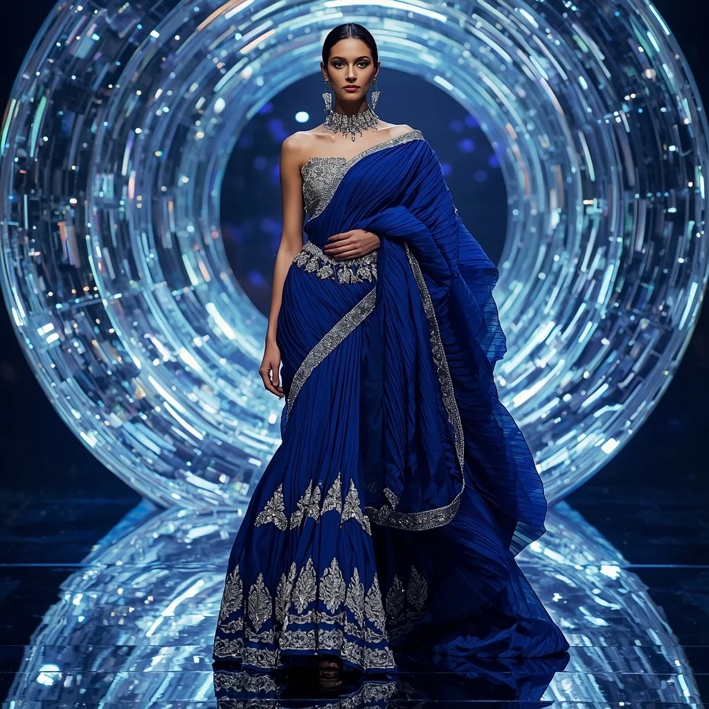 Sapphire Titanium Symphony Saree with Holographic Crystal Reflection Orbit Infinity Pavilion | Lighting Ai Prompt