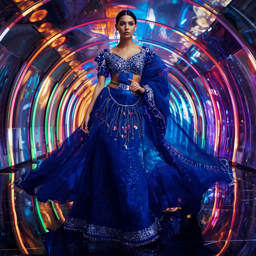 Sapphire Voltage Galaxy Saree with Curved Hologram Reflection Hall | Gemini Ai Prompt Copy Paste