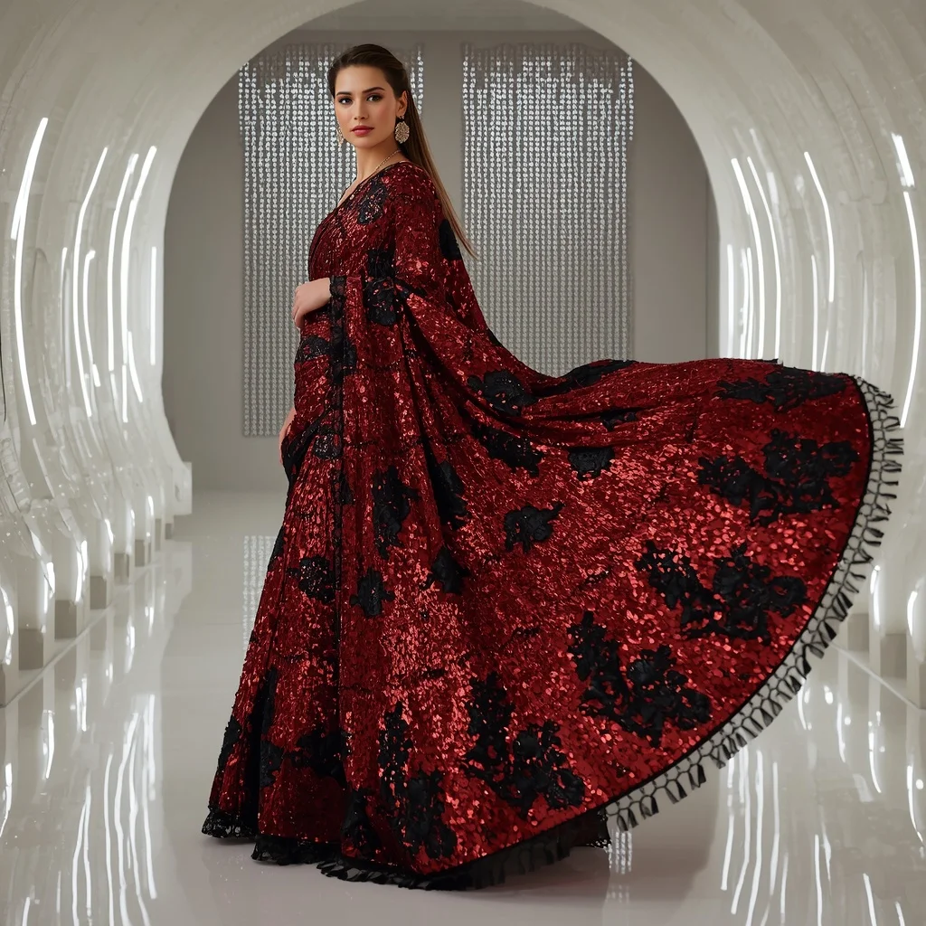 Scarlet Chrome and Black Lace Saree with Pulsing Light Matrix | Ai Photo Editing Prompt