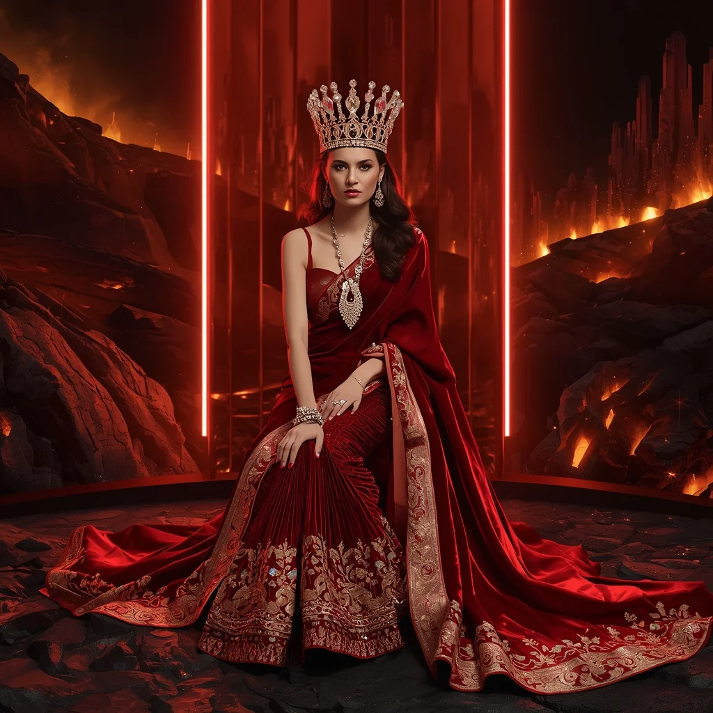 Scarlet Magma Queen Saree with Volcano Crystal Empires and Inferno Crown Fortress | Motivation Ai Prompt