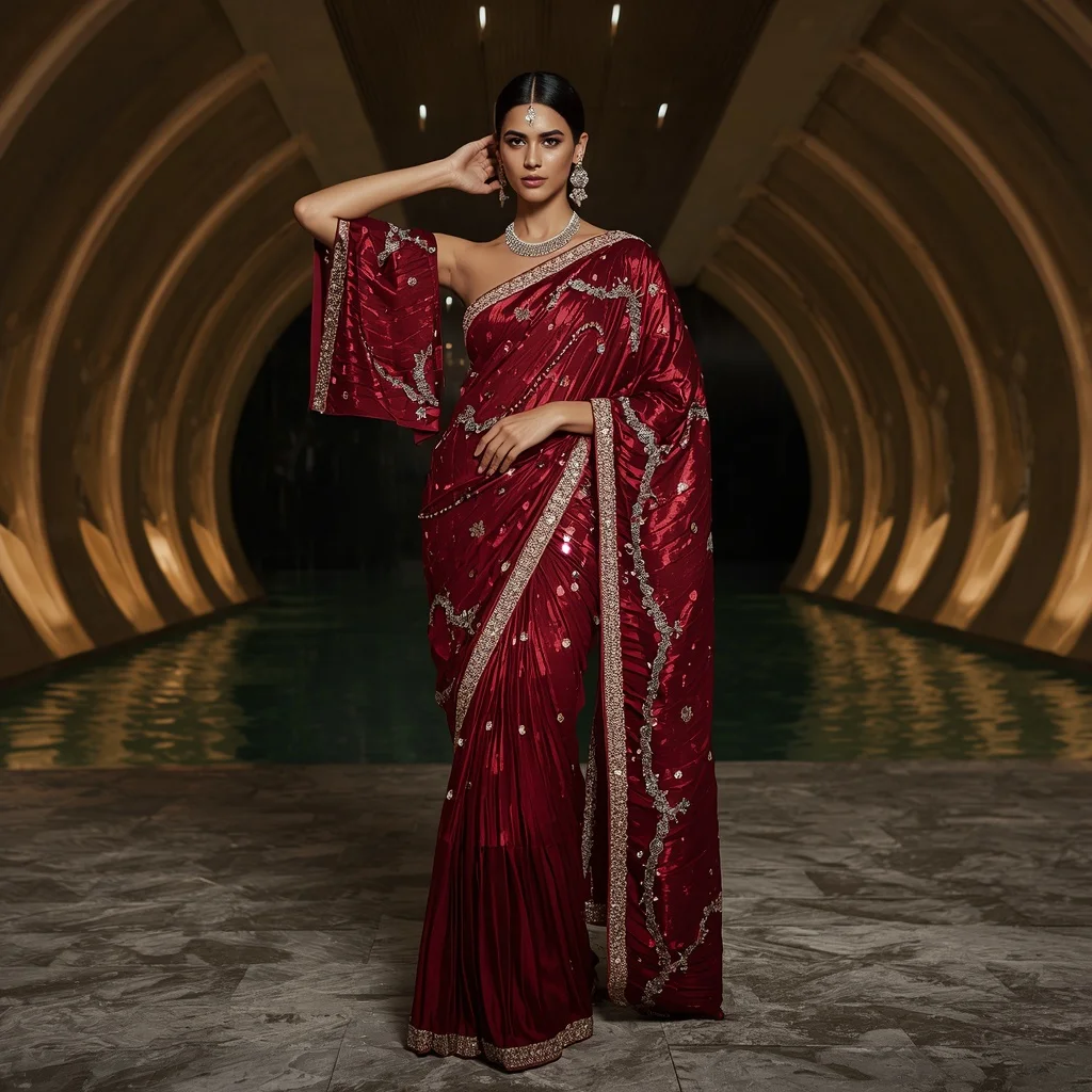 Scarlet Moon Prism Saree with Luxe Infinity Sanctuary | Cute Girl Ai Prompt