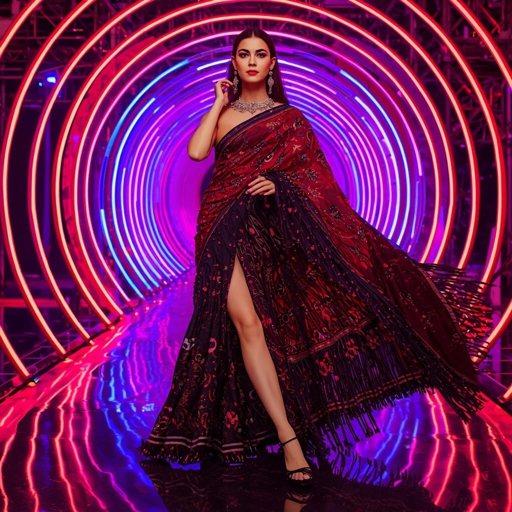 Scarlet Nebula Crystal Saree with RGB Spiral Palace | Instagram Photography Ai Prompt