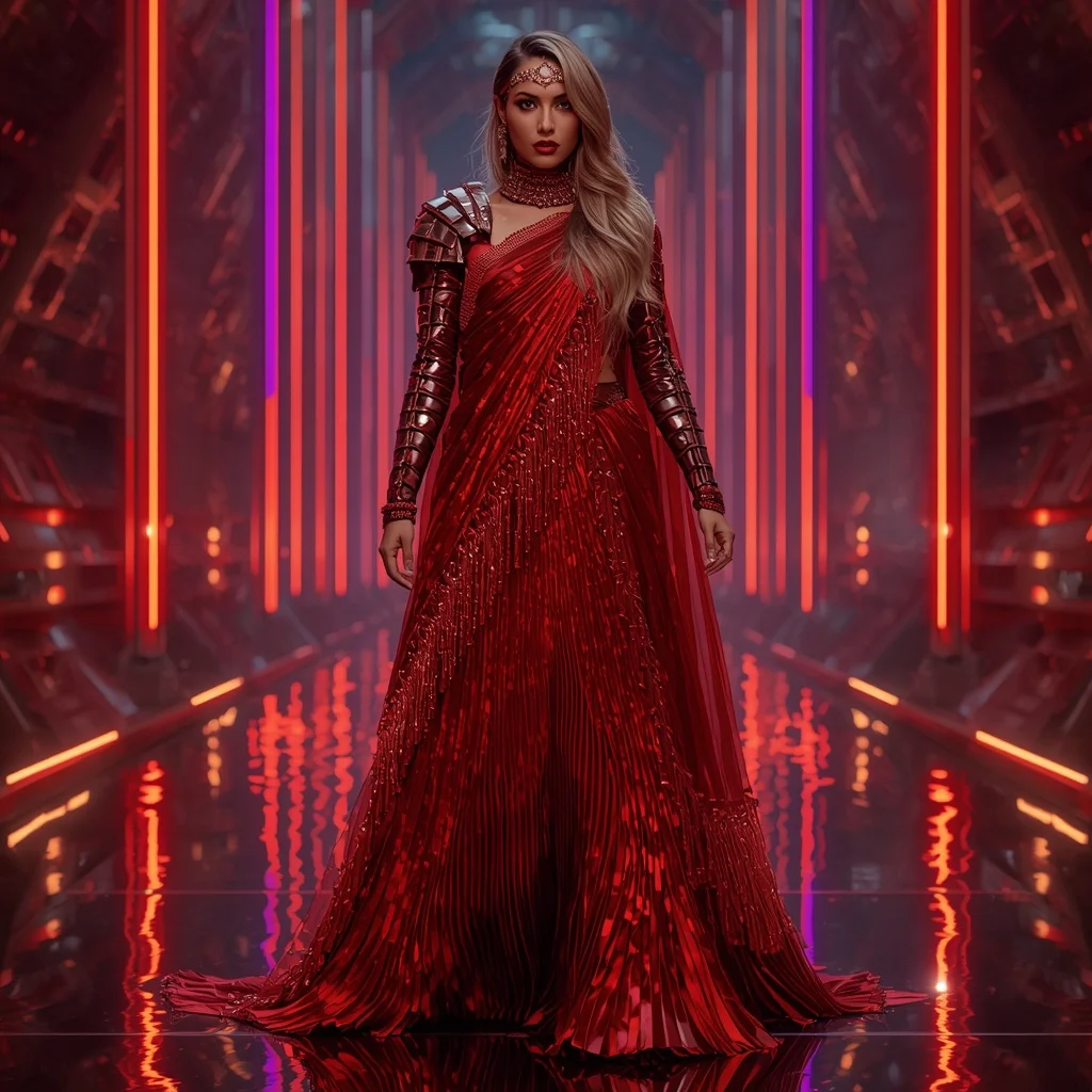 Scarlet Nova Abyss Infinity Armor Saree with Quantum Rift Engine Tunnel Core Collapse Field Nexus System | Prompt Seen Girl