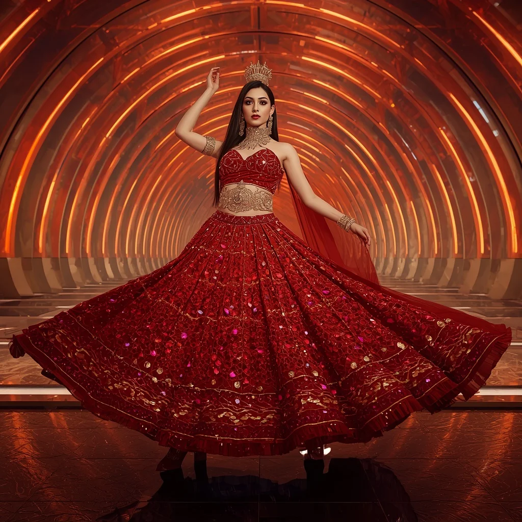 Scarlet Sunburst Empress Saree with Solar Bloom Infinity Palace | Ai Prompt For Social Media