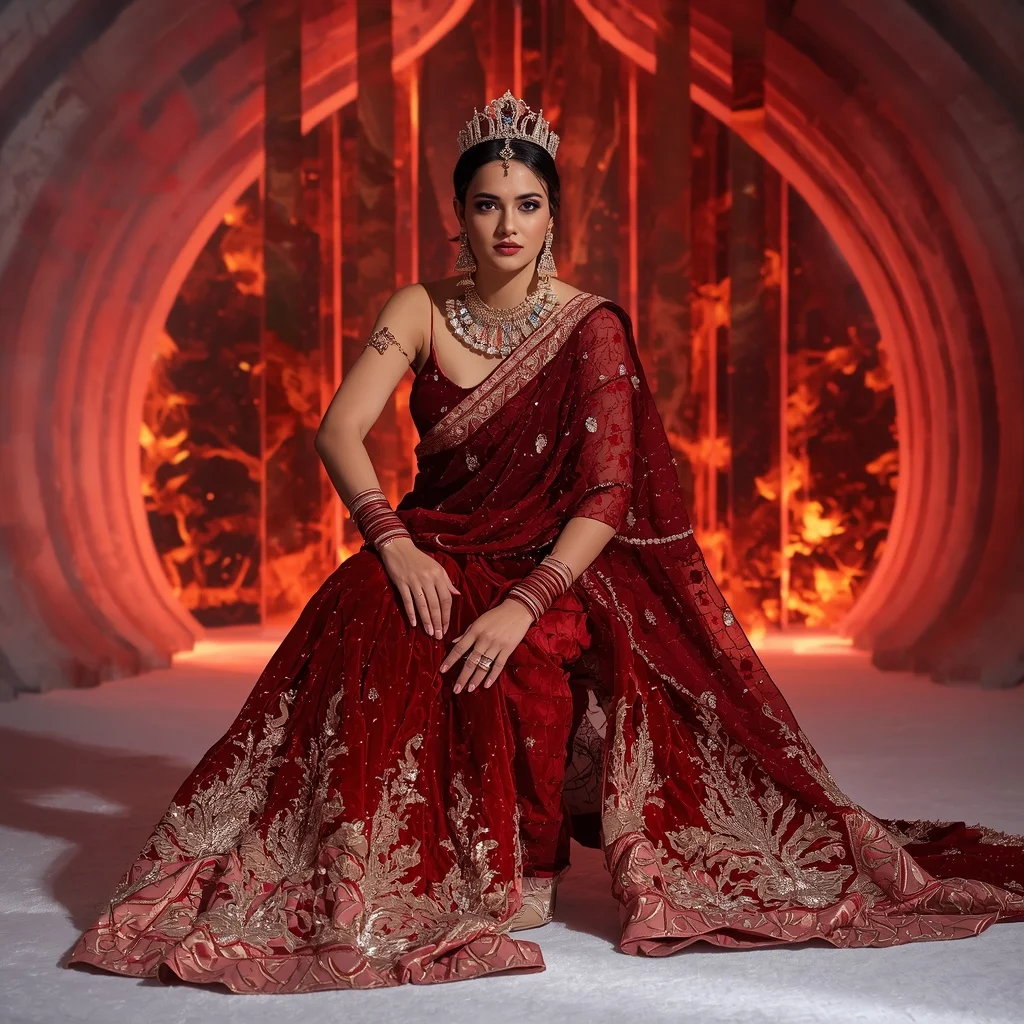 Scarlet Velvet Ember Queen Saree with Frozen Flame Infinity Citadel | Gemini Photo Prompt