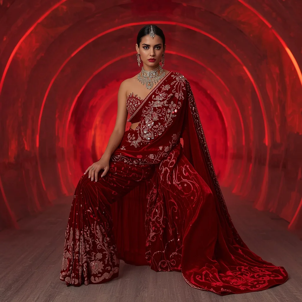 Scarlet Velvet Inferna Saree with Frozen Ember Infinity Citadel | Prompt For Gemini Ai Girl Model Instagram