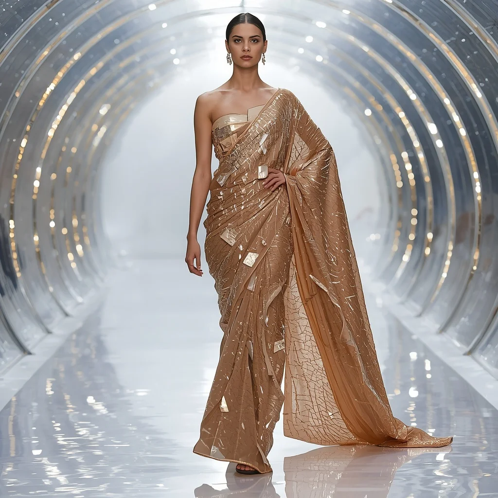 Shattered Mirror Couture Saree with Holographic Arc Pavilion | Instagram Story Ai Prompt