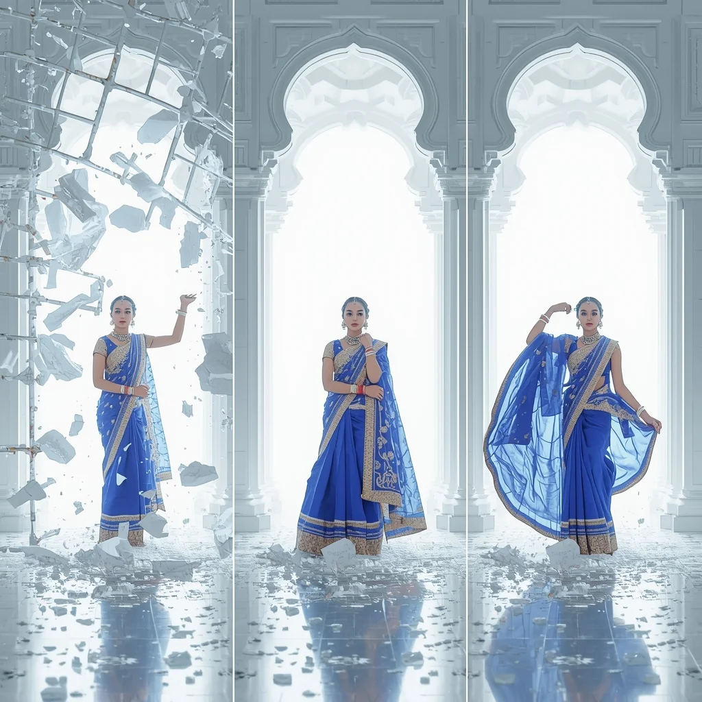Shattering Grid Light Curtain Triptych Ethereal Brightness | Saree Look Ai Prompt Modern Style