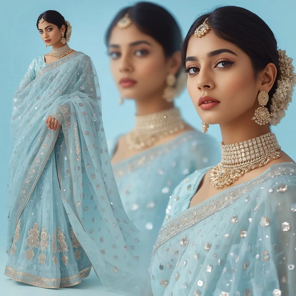 Shimmering Liquid Drops With Complex Festive Fancy Saree | Prompt For Traditional Look For Girl ChatGPT