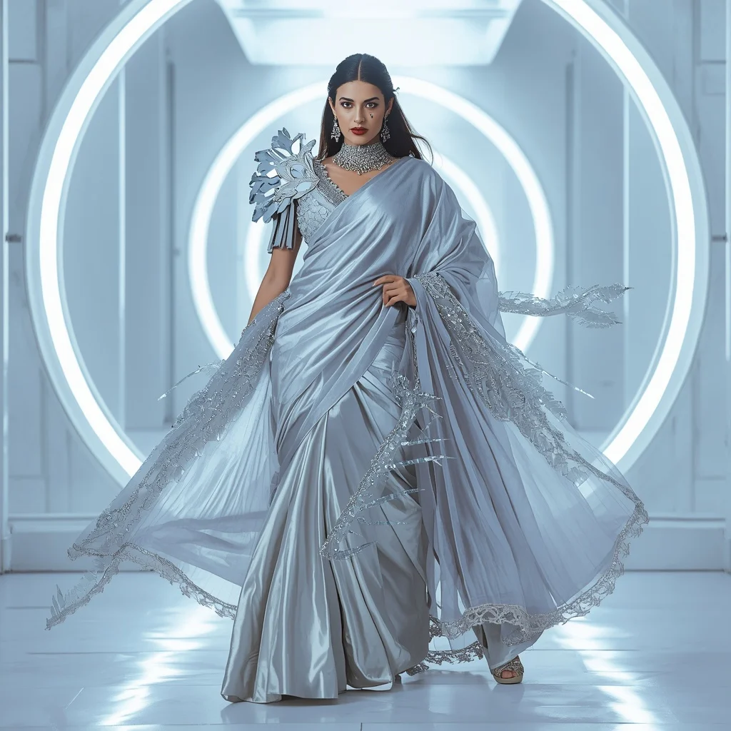 Silver Dragon Aurora Saree – Heavy Royal Designer Saree with Action Pose and Aurora Dragon Fortress Background | Gemini Prompt