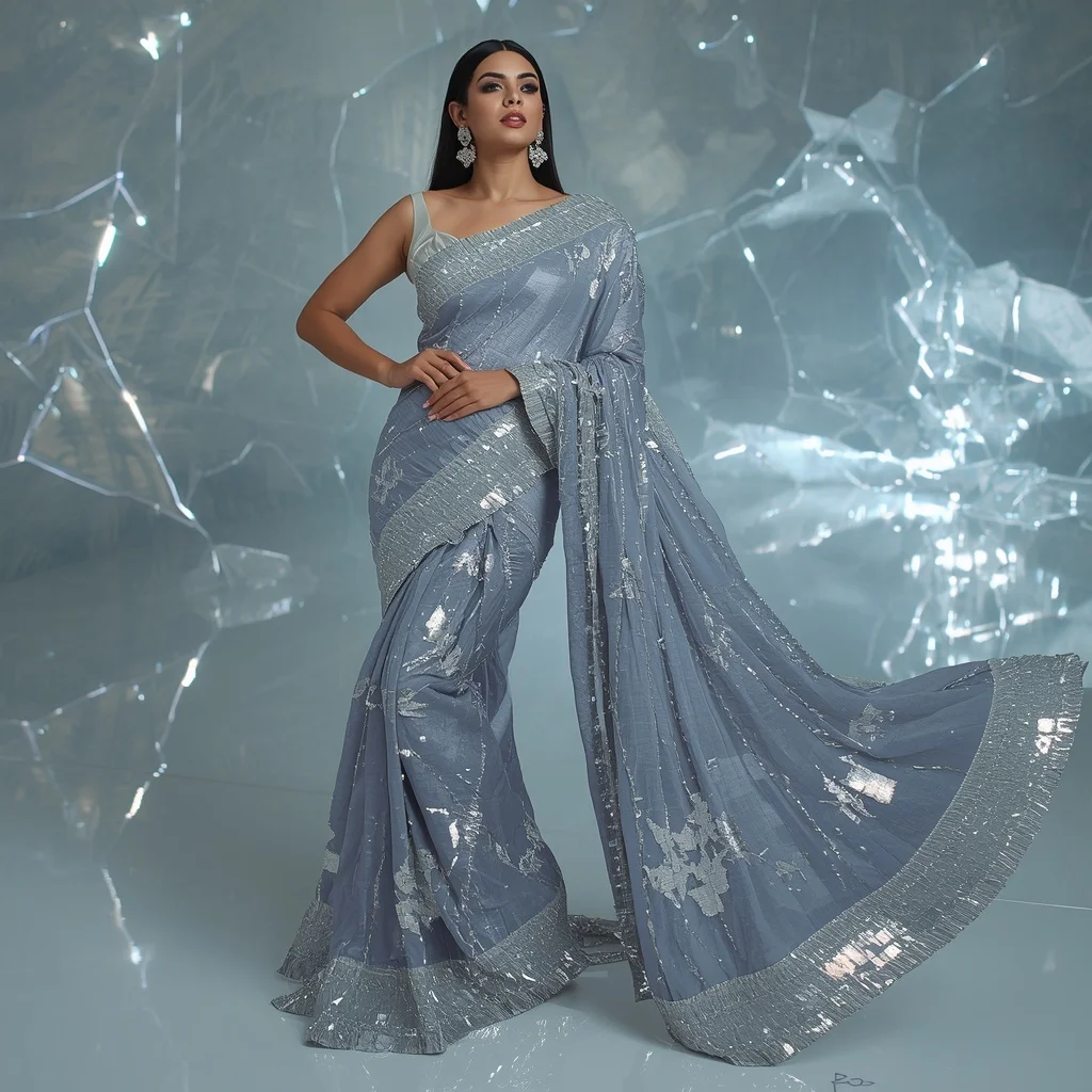Silver Galaxy Fracture Core Saree – Futuristic Party Saree with Side Flow Pose and Fracture Core Chamber Background | Ai Gemini Prompt