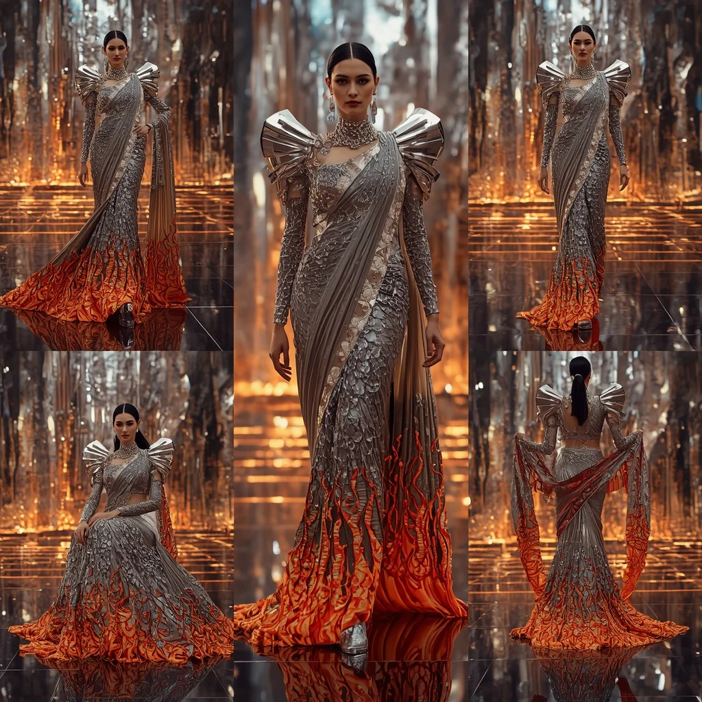 Silver Inferno Majesty Saree with Futuristic Crystal Towers | Instagram Story Ai Prompt