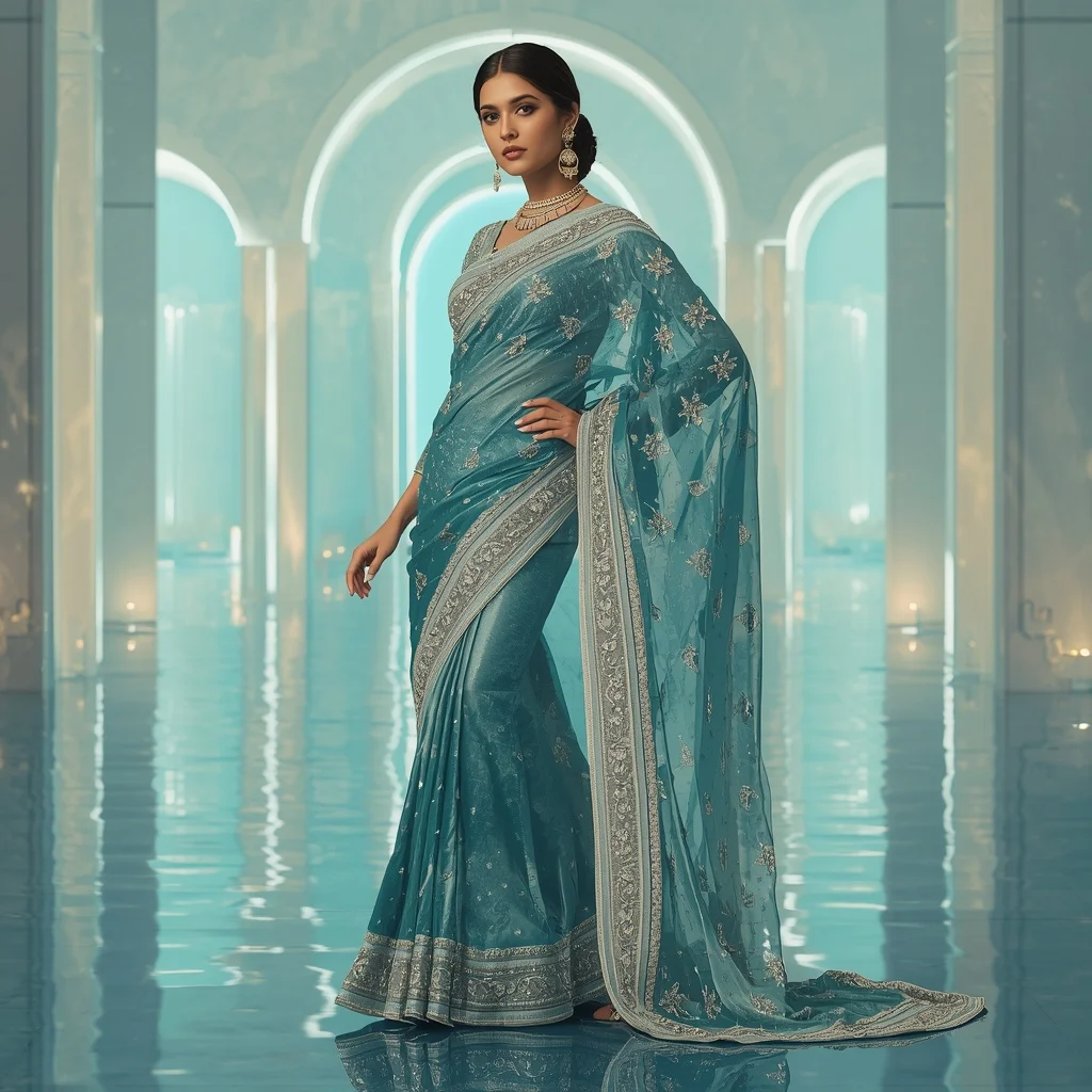 Silver Ocean Meteor Saree – Luxury Glam Saree with Side Pose and Meteor Water Reflection Palace Background | Trending Prompts For Instagram For Girl