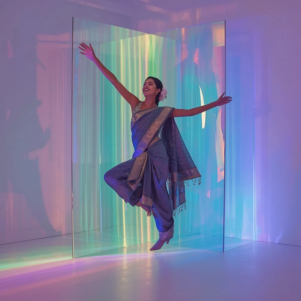 Slate Grey Fiber-Optic Saree – Angular Mid-Air Pose with Rainbow Prism Light | Gemini Ai Photo