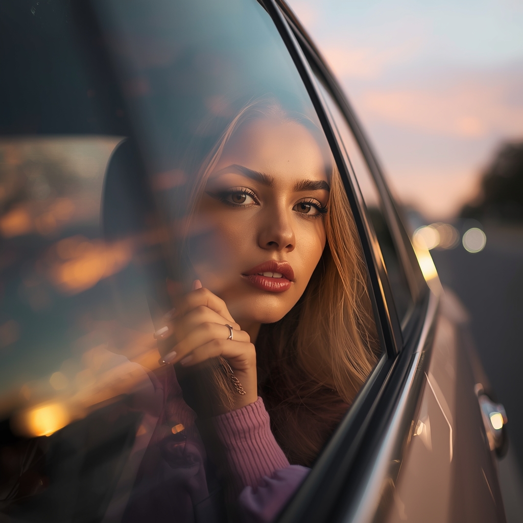Soft Pastel Sunset Car Window Portrait with Dreamy Reflections | Makeup Ai Prompt