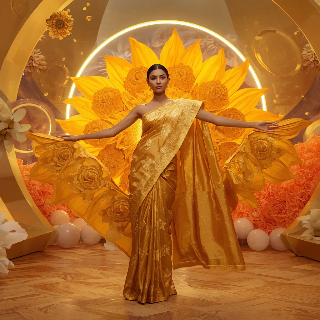 Solar Bloom Silk Saree with Floating Sunflower Nebula | Prompt For Gemini AI Girl Style Trending Instagram