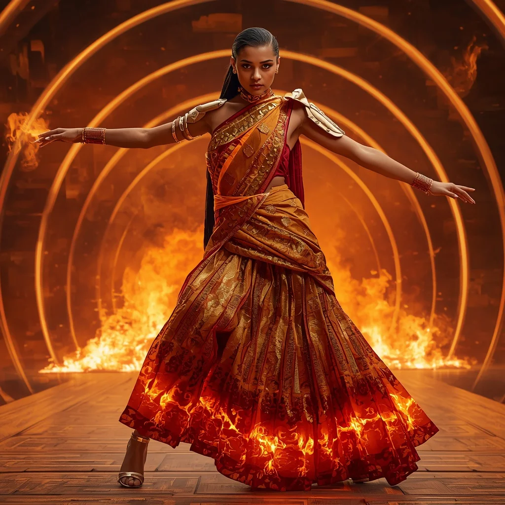 Solar Ember Alloy Saree with Burning Horizon Quantum Hall | Prompt For Gemini AI Girl Trending