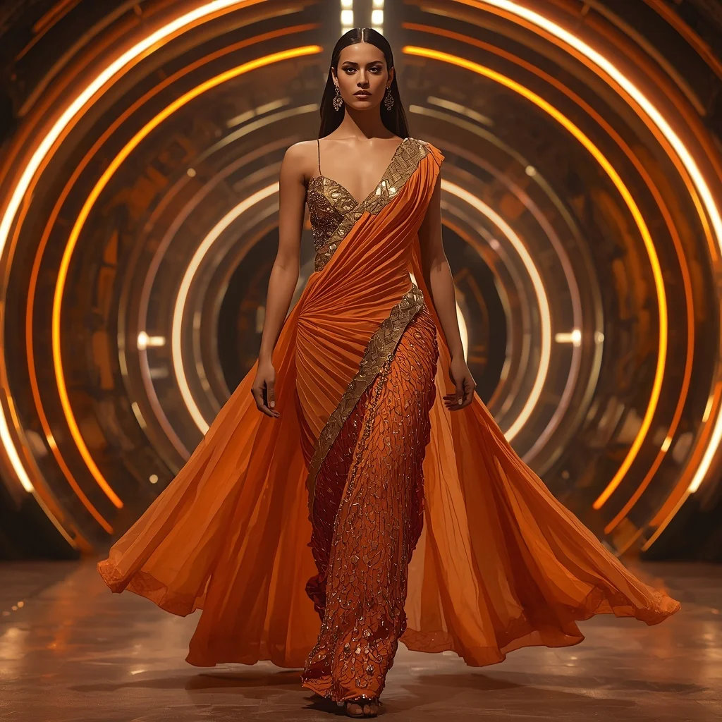 Solar Ember Inferno Zenith Apex Armor Saree with Curved Firestorm Quantum Dome Reactor Hall Nexus Core System Engine | Free Ai Prompt
