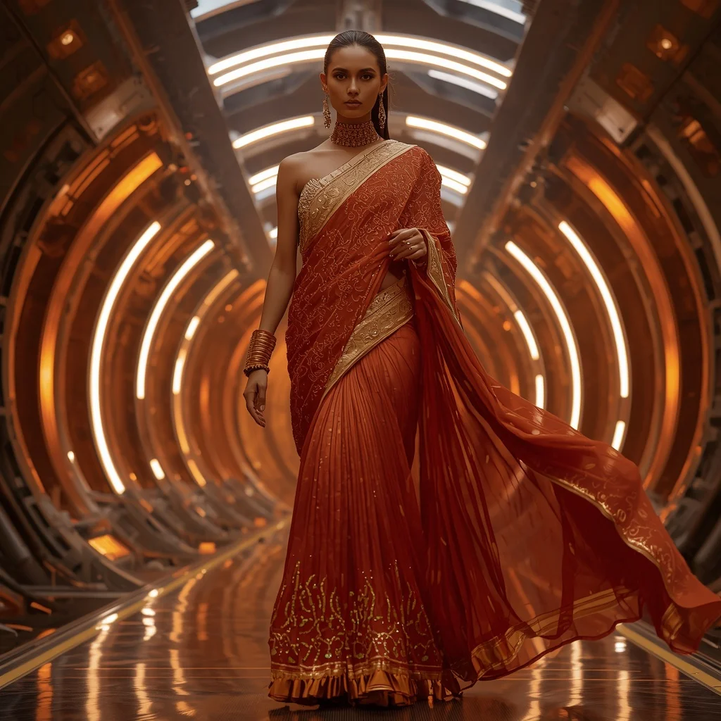 Solar Ember Inferno Zenith Infinity Armor Saree with Curved Firestorm Quantum Dome Reactor Hall Nexus Core System | Instagram Model Ai Prompt