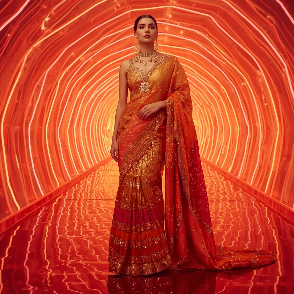 Solar Ember Royale Saree with Infinity Neon Temple | Indian Girl Saree Ai Prompt 4k Realistic