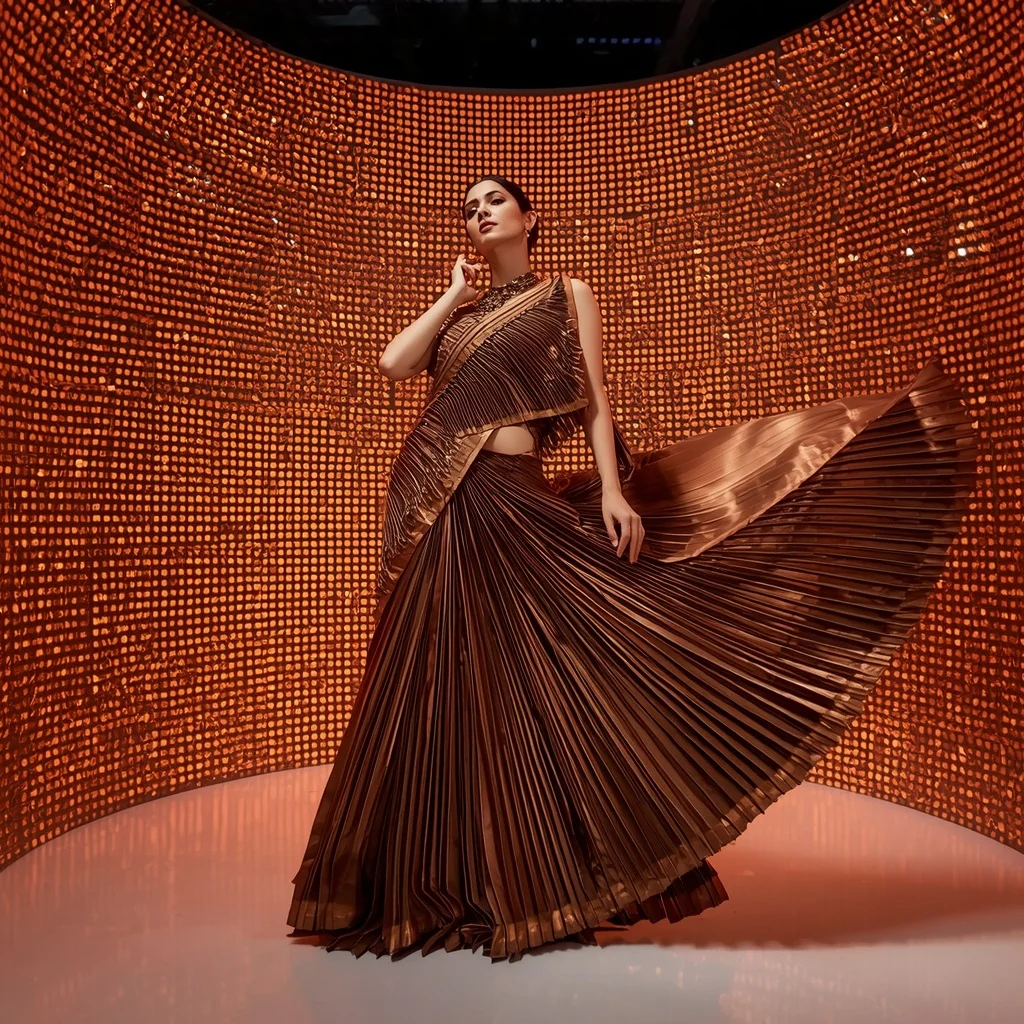 Solar Flare Metallic Silk Saree with Infinite Light Grid Pod | Instagram Aesthetic Ai Prompt