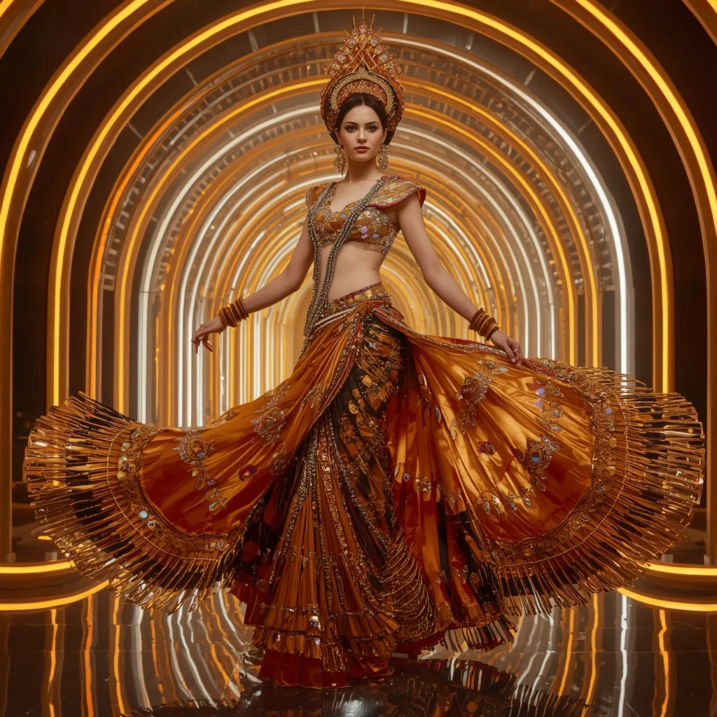 Solar Phoenix Royale Saree with Infinity Arc Neon Citadel | Instagram Story Ai Prompt