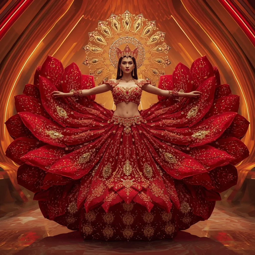Solar Ruby Lotus Crown Saree with Golden Infinity Bloom Palace | Ultra Realistic Ai Prompt